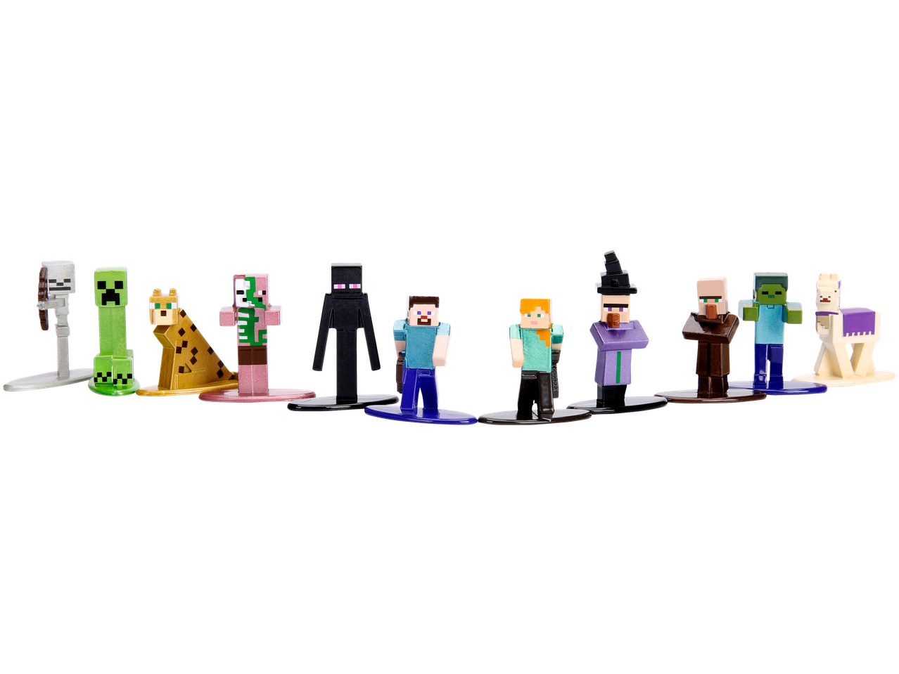 Nanofigs de Minecraft: Esqueleto, Creeper, Ocelote, Zombie Pigman, Enderman, Steve, Alex, Bruxa, Aldeão, Zombie e Lhama.