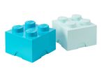 Two square storage boxes resembling building blocks, one in bright blue and one in light blue.
