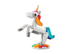 Lego-Einhorn mit Regenbogenmähne und -schwanz auf einem Regenbogenständer