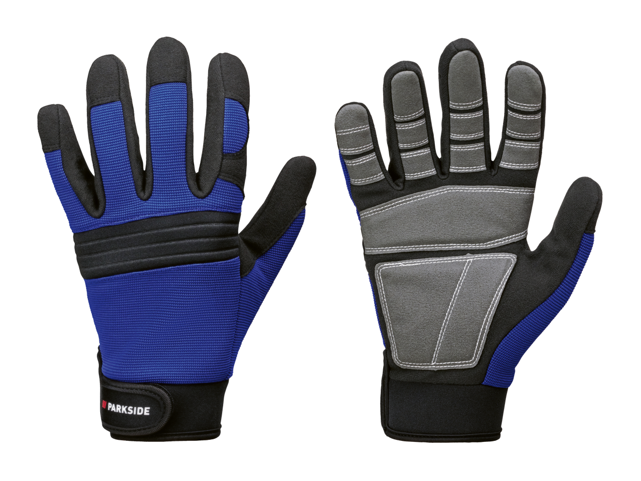 Een paar blauwe en grijze werkhandschoenen met verstevigde handpalmen en vingers.