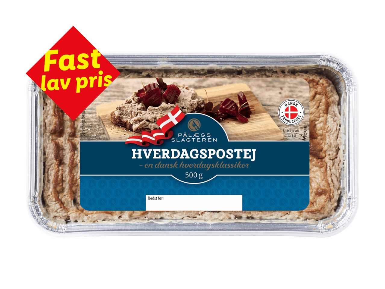 Pålægspostej i foliebakke med et billede af postej på rugbrød med rødbeder, mærket med 'Fast lav pris'.