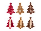 Six felt Christmas tree decorations, three with clips, in red, light brown, and dark brown.