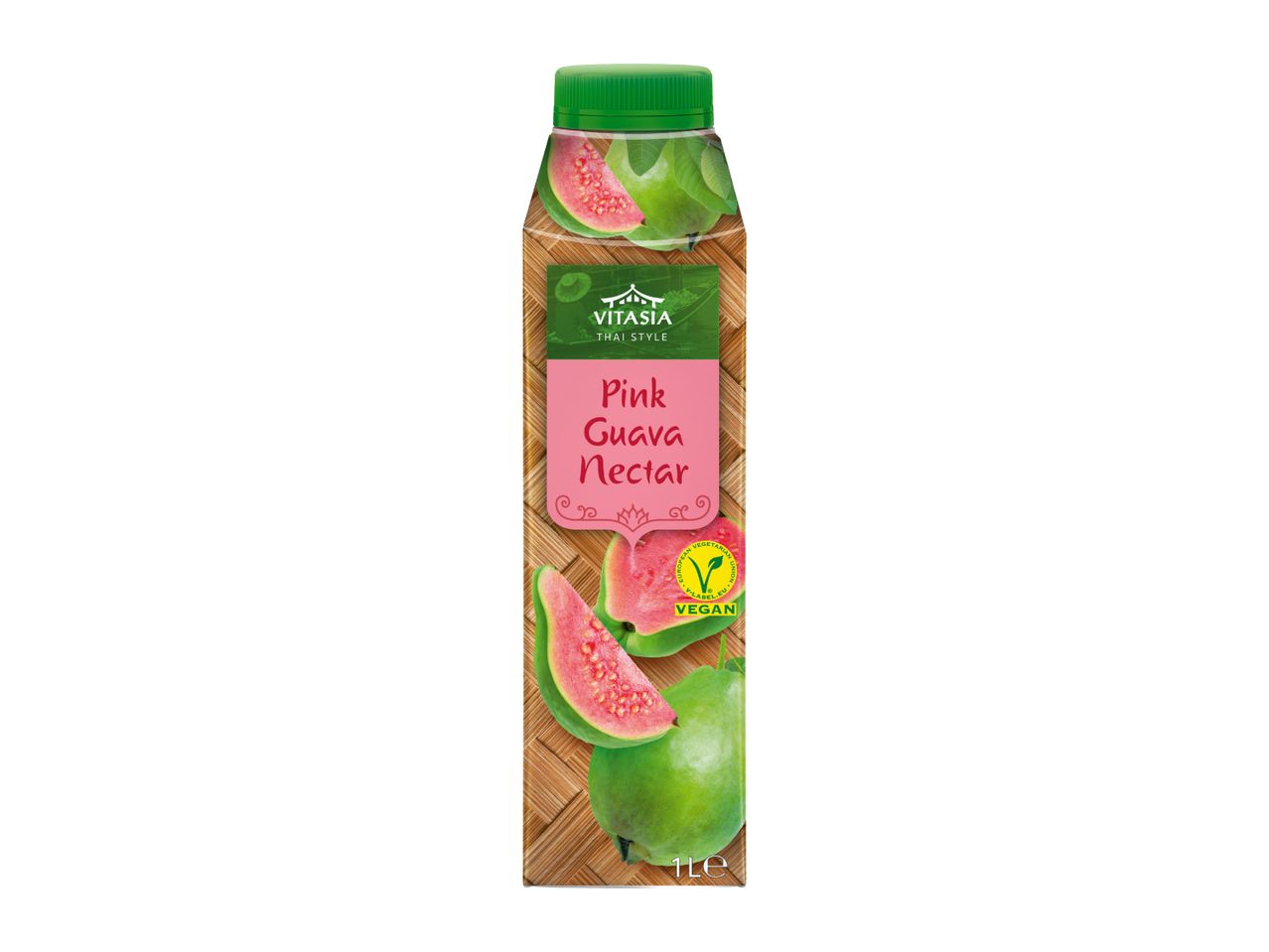 Pink guava nectar in a bottle with a green cap, featuring sliced and whole guavas on a woven background.
