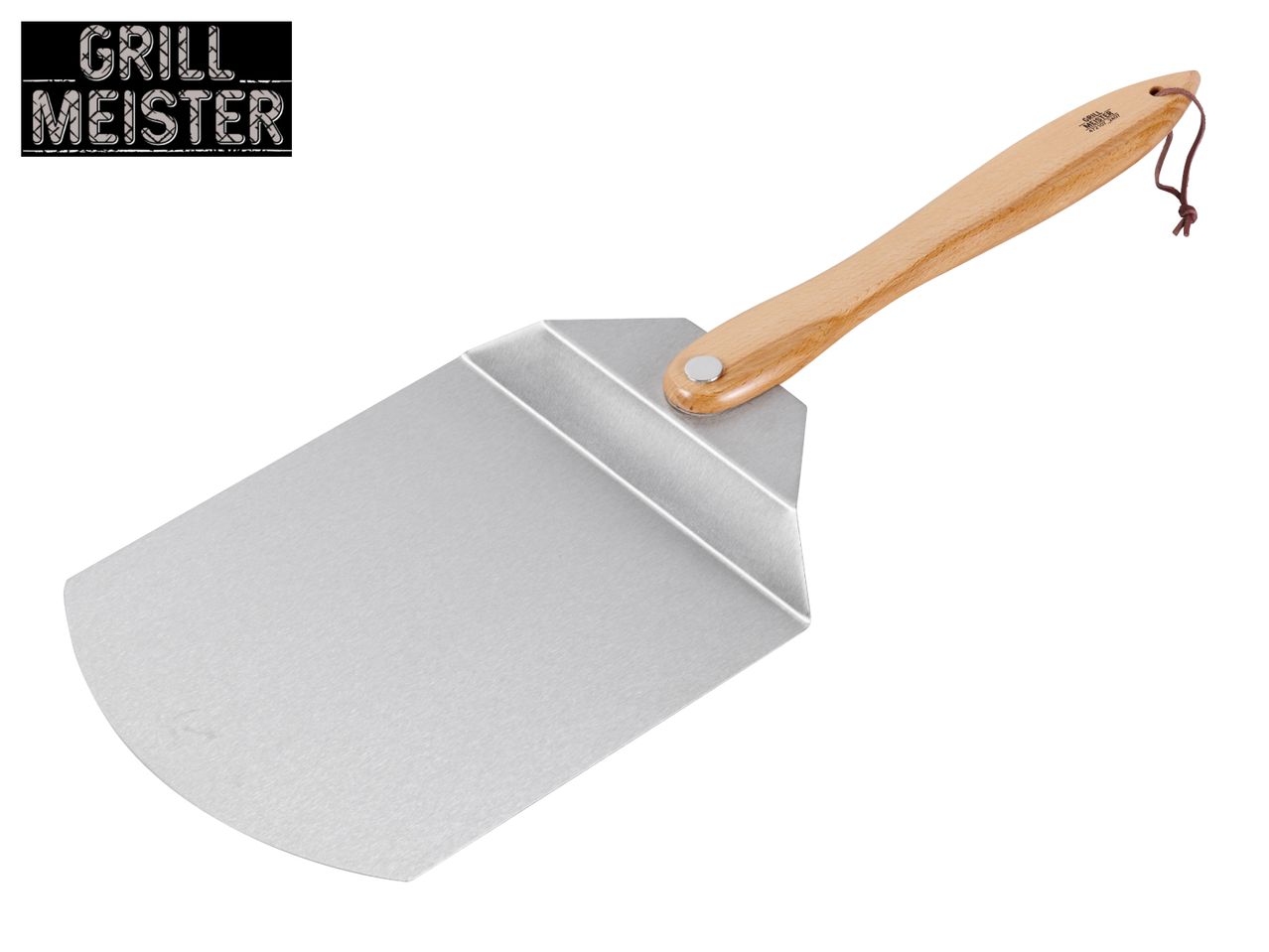 A metal grill spatula with a wooden handle and a leather hanging loop.