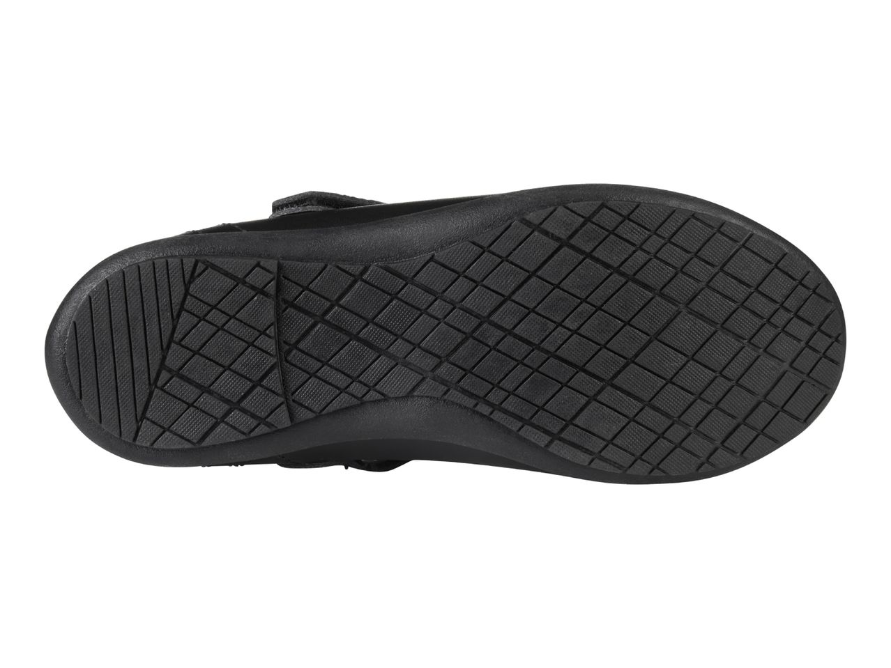 Bottom view of a black children's shoe with a textured sole.