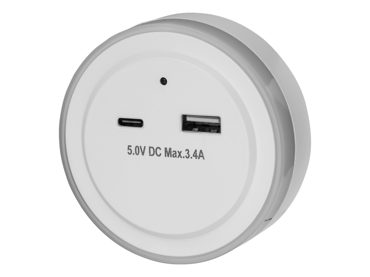 Kompakts balts USB lādētājs ar USB-A un USB-C portiem.