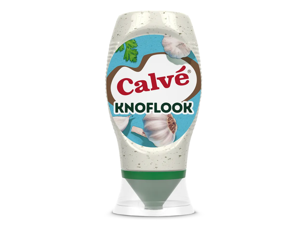 Knoflooksaus in een knijpfles met een label met knoflook en peterselie.