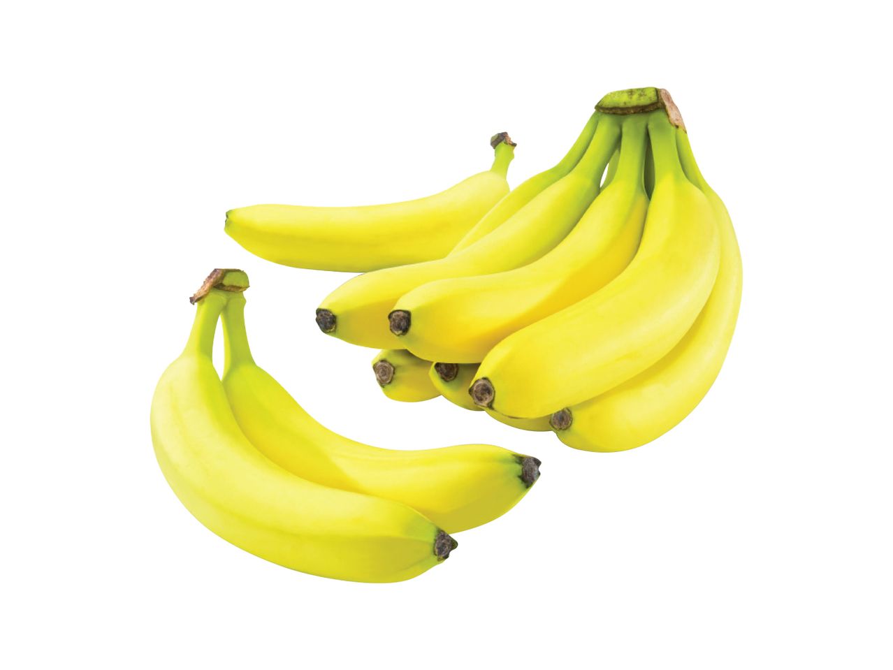 Dve grupe žutih banana na beloj pozadini.