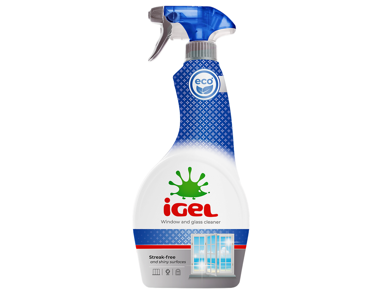 Ablak- és üvegtisztító spray, „eco” logóval és „csíkmentes és fényes felületek” felirattal.