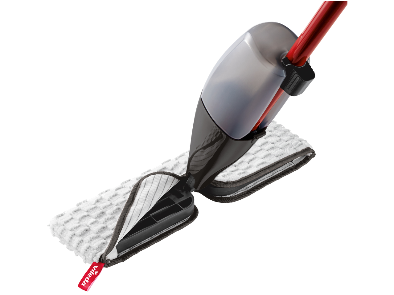 Vileda Wischmop-Set «Spray» com cabo vermelho e tanque cinzento sobre fundo preto.