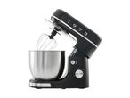 Black stand mixer with a stainless steel bowl and whisk attachment.