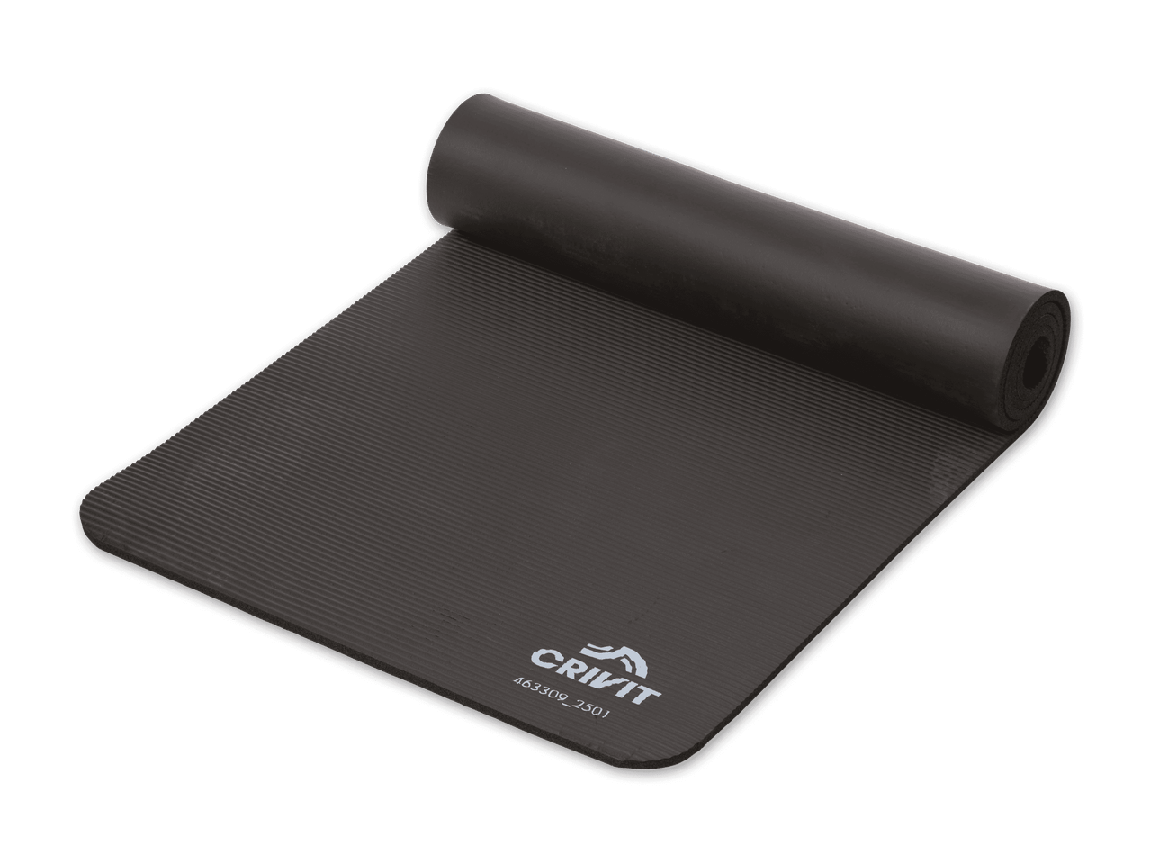 Crivit Fitnessmatte, teilweise aufgerollt, mit gerippter Oberfläche und Logo