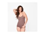Smiling woman in a brown camisole and matching briefs, posing playfully.