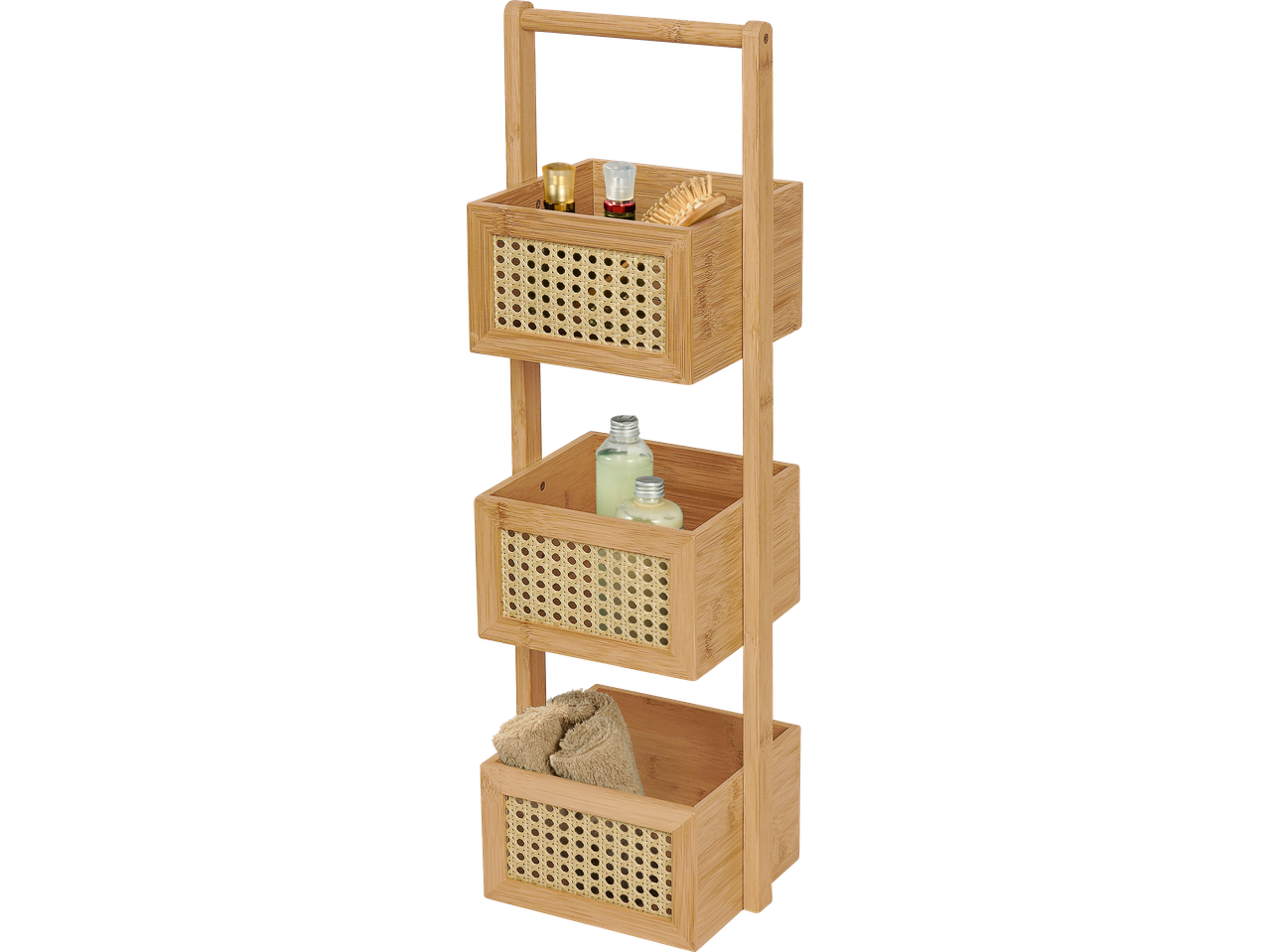 Bambusest vannitoariiul kolme vitspunutud korviga, vannitoodete ja rätikutega.