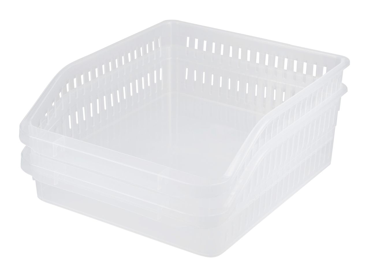 Two clear plastic storage baskets with ventilation holes, stacked together.