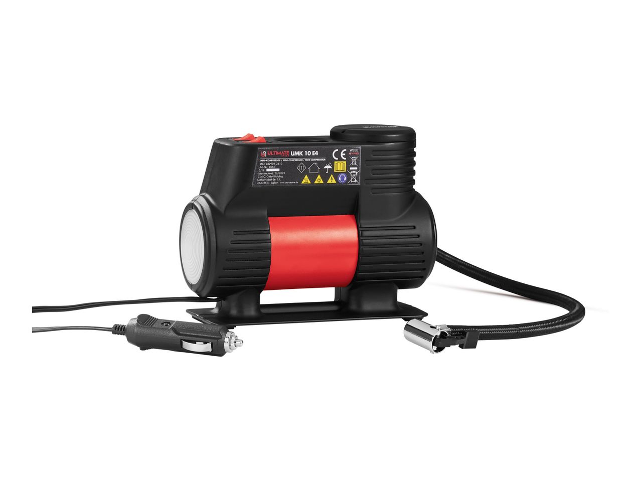 A portable, black and red air compressor with digital display and various attachments.