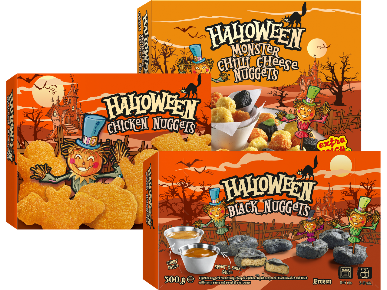 Tre Halloween-nuggetförpackningar: kycklingnuggets, monster chili-ostnuggets och svarta nuggets.