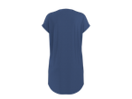 Rochie tip tricou albastru închis, cu mâneci scurte și tiv curbat, vedere din spate.