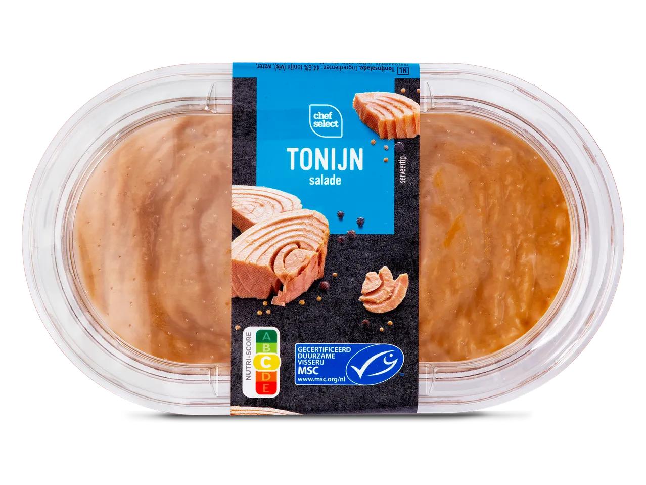 Een verpakking tonijnsalade met een Nutri-Score C en MSC-keurmerk.