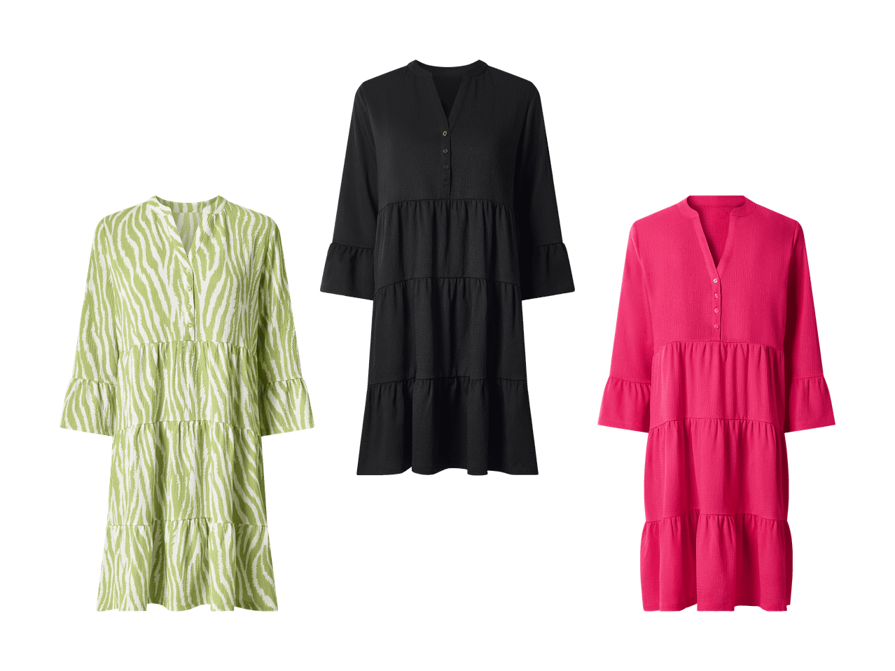 Trois robes d'été à manches longues pour femmes : une verte à imprimé zèbre, une noire et une fuchsia.