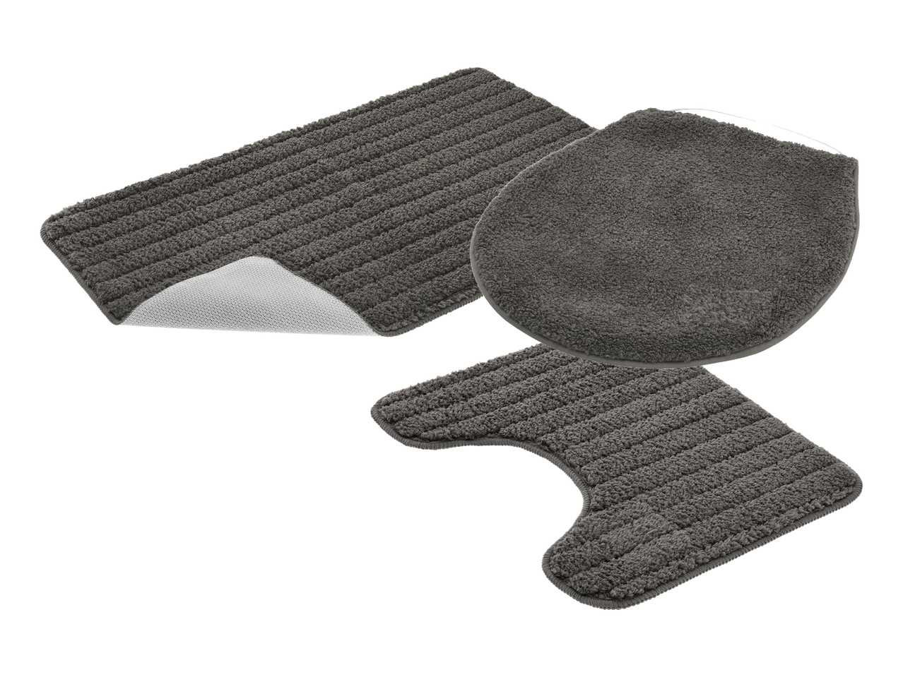 Set kupaonskih tepiha u sivoj boji, uključujući prostirku za WC školjku i prostirku za pod.