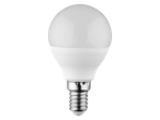 Μια λευκή λάμπα LED με βιδωτή βάση σε μαύρο φόντο.