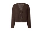 Brun strikket cardigan med lange ærmer og bindebånd foran.