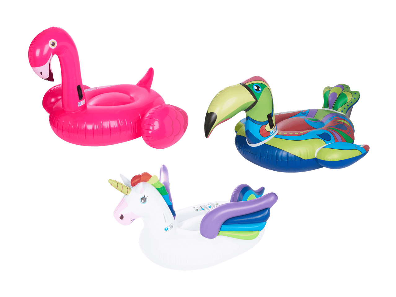 Trois bouées gonflables de piscine : un flamant rose, un toucan coloré et une licorne blanche.