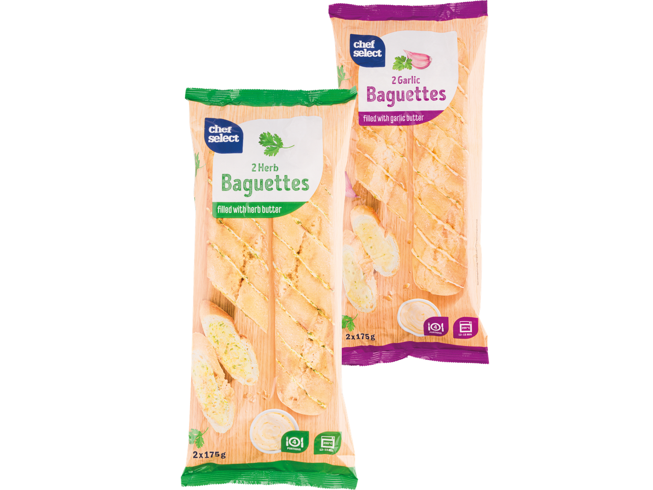 Två förpackningar med baguetter, en med örtsmör och en med vitlökssmör.