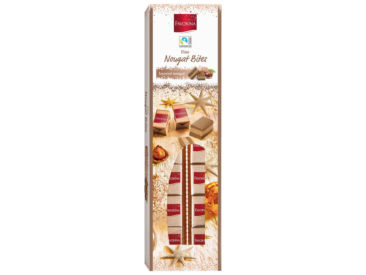 Favorina Fine Nougat Bites, kārtots nuga svētku kastītē.