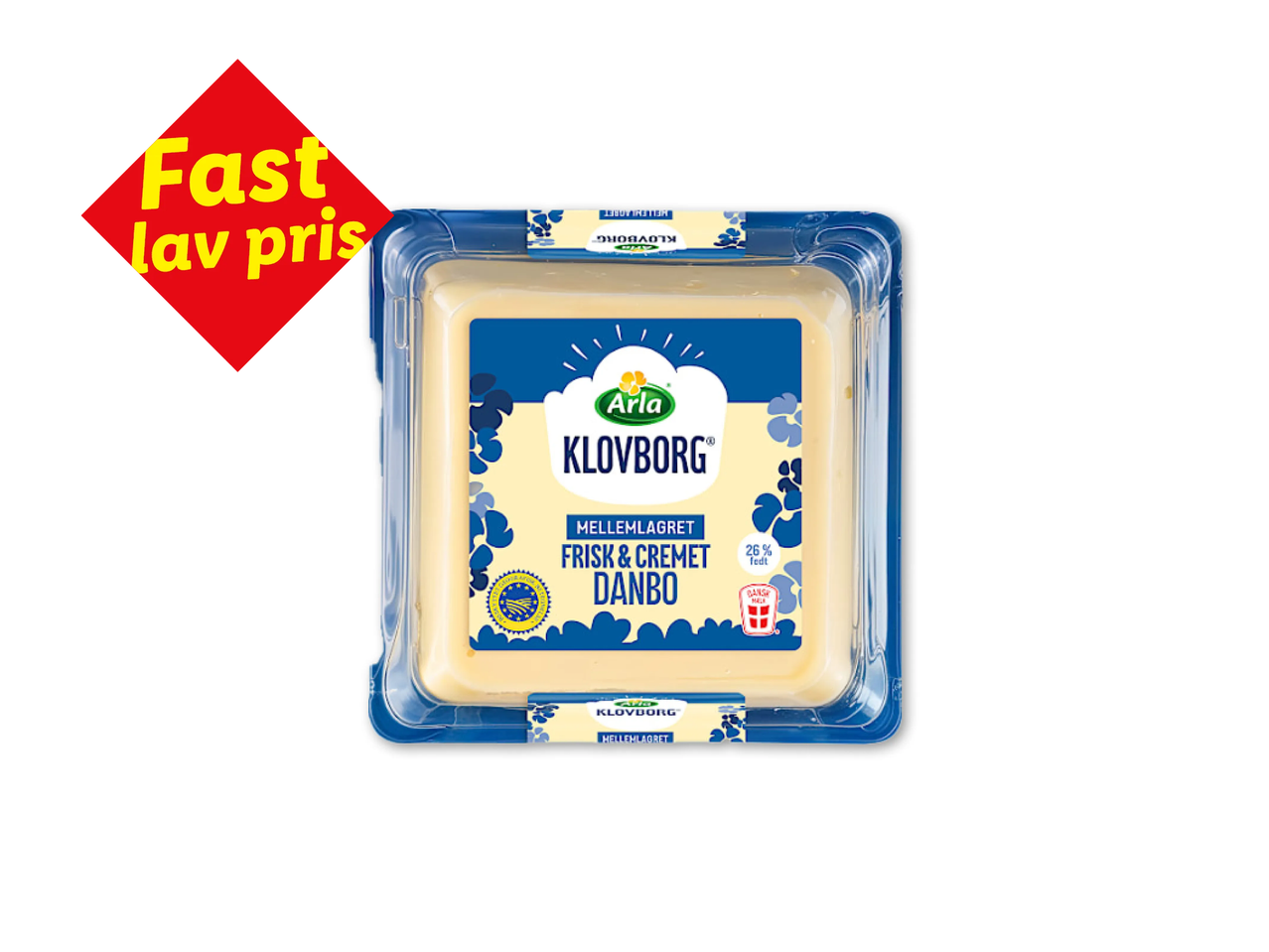 Ost i emballage med et rødt skilt, der annoncerer 'Fast lav pris'.