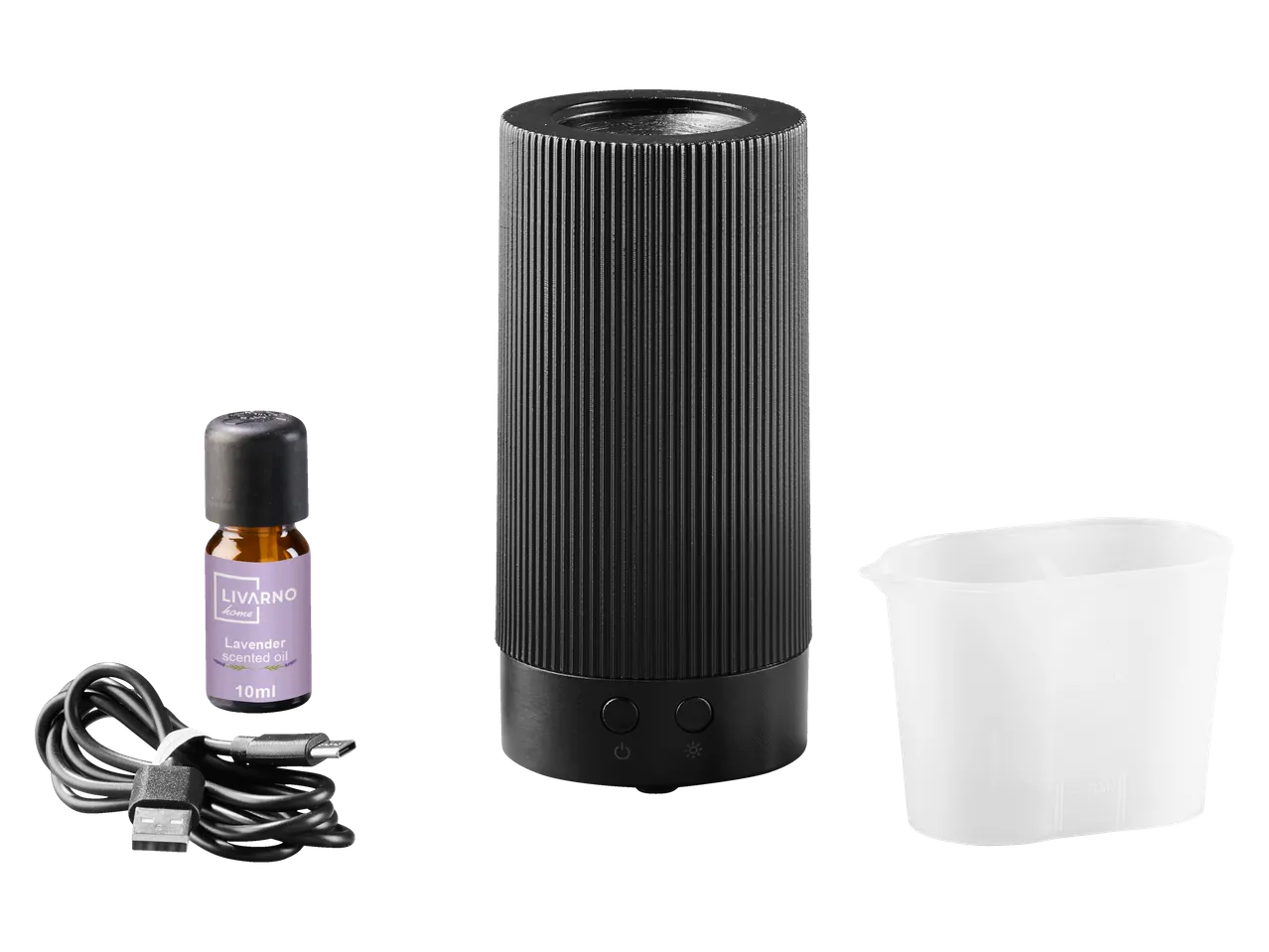 Set difuzor de aromă ultrasonic LIVARNO home cu ulei esențial, pahar de măsurare și cablu USB.