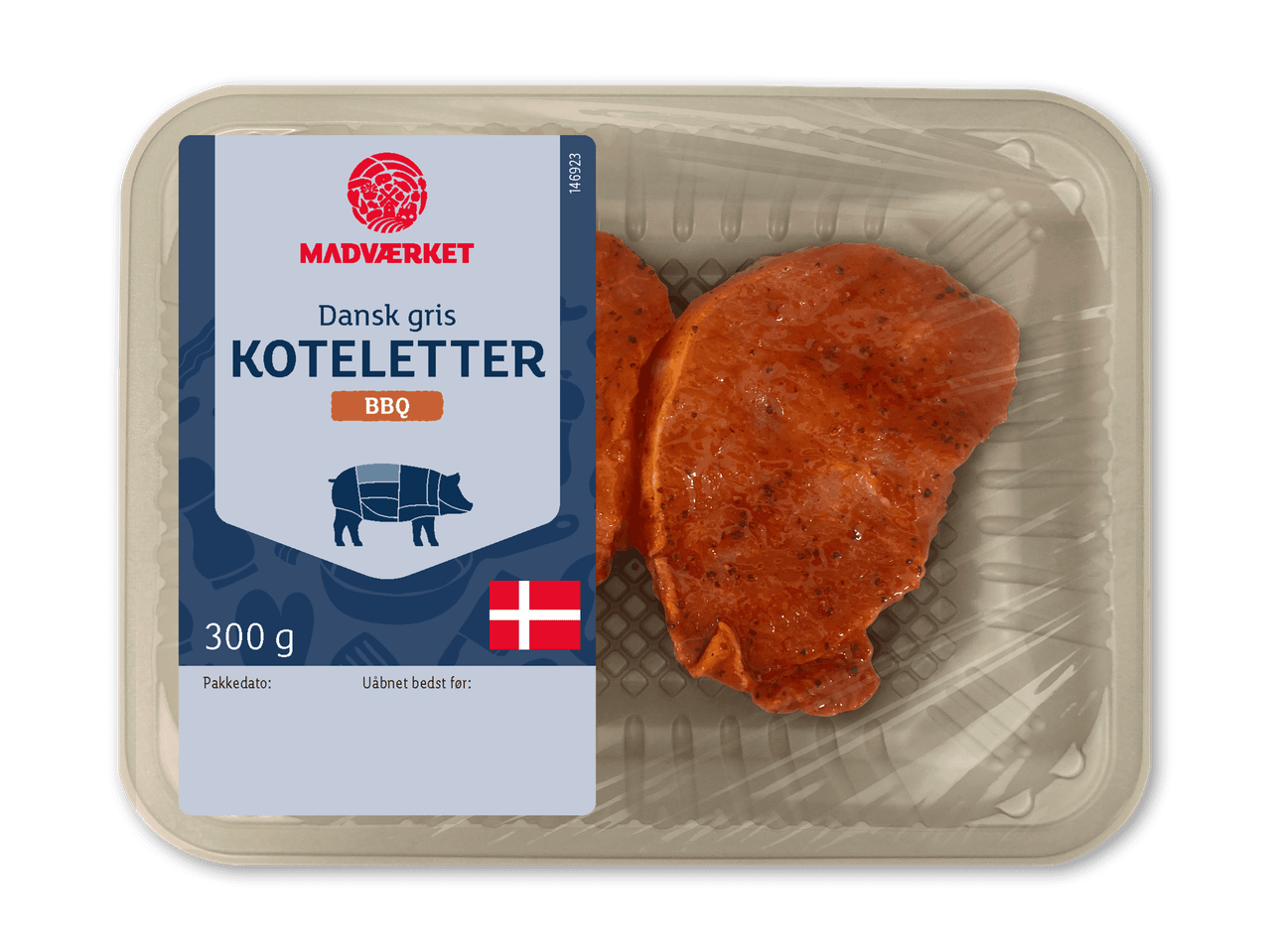 Pakkede marinerede svinekoteletter med BBQ-smag, 300 g, med dansk flag.