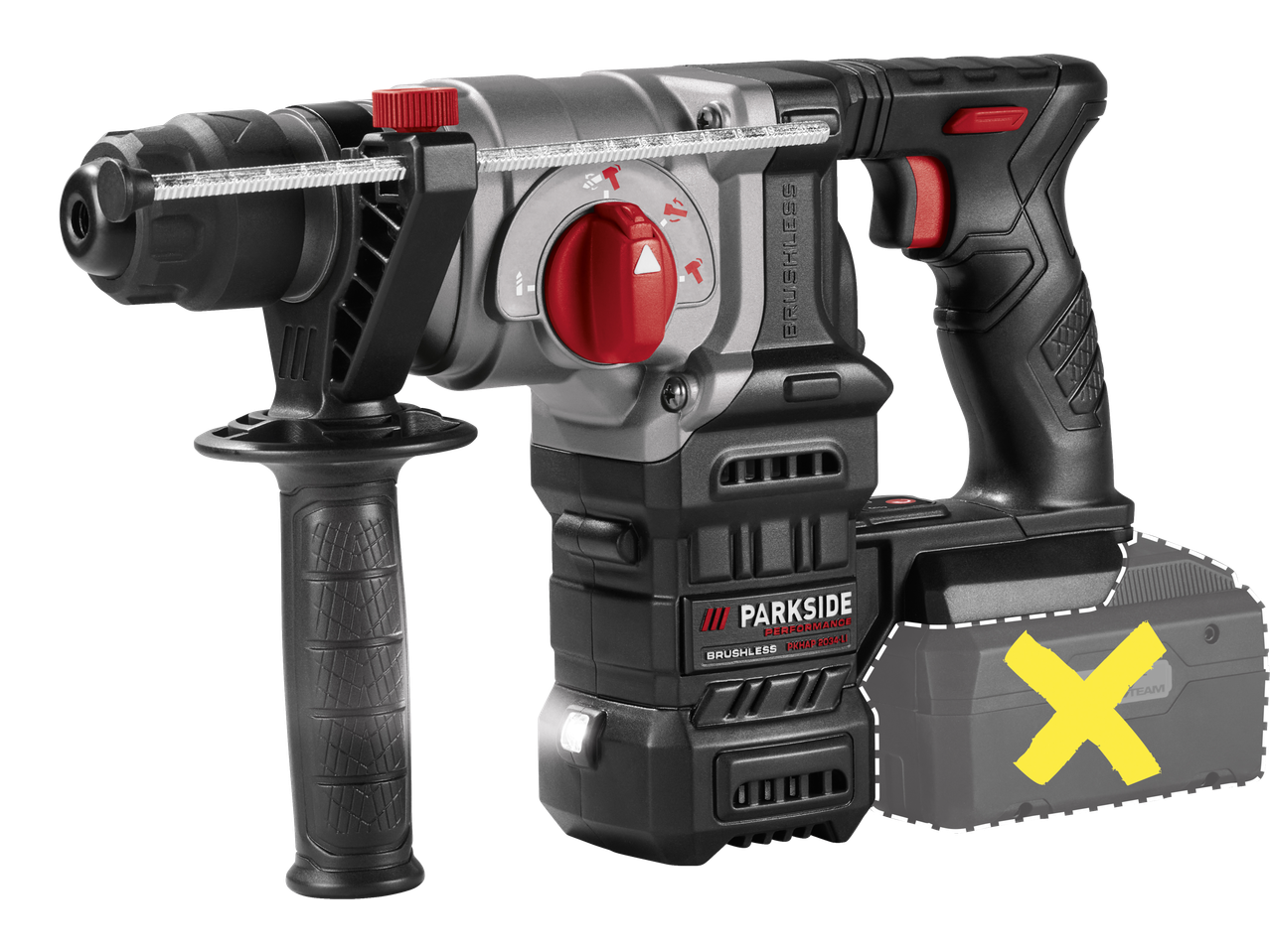 Cordless rotary hammer drill with an auxiliary handle and a depth stop, battery not included.