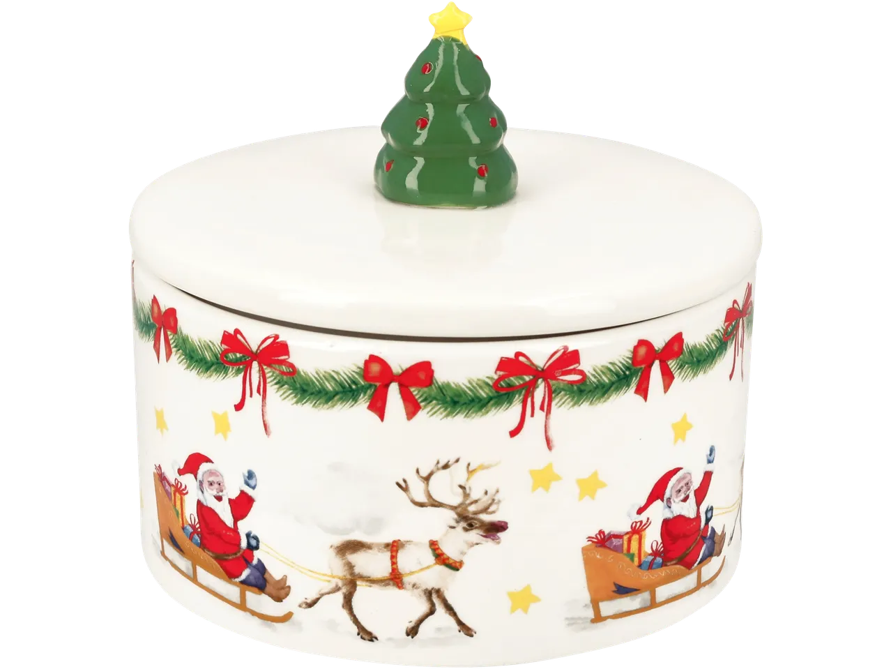 Ziemassvētku cepumu burka ar Ziemassvētku vecīša motīvu un eglīti uz vāka.