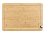 A rectangular bamboo cutting board with a slightly raised edge.