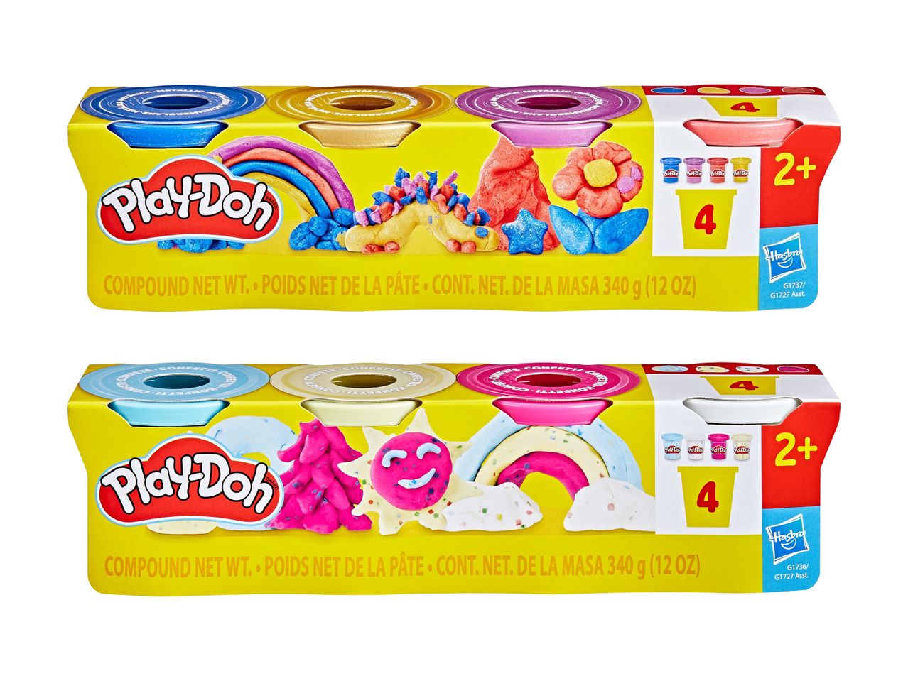 Zwei Play-Doh 4er-Packungen mit Knete in Metallic- und Konfetti-Farben.