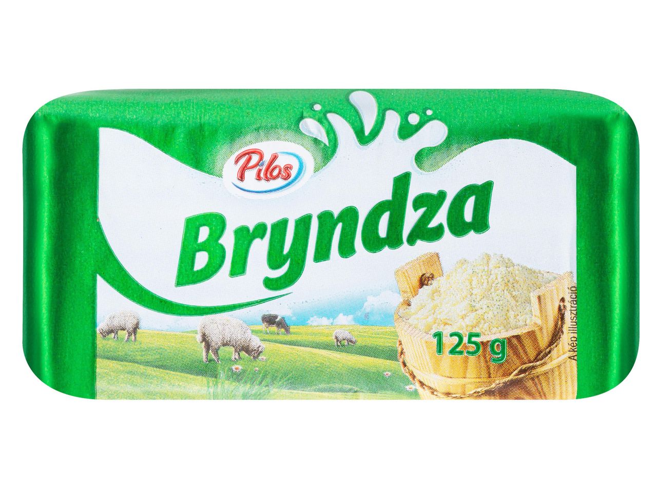 Pilos Bryndza sajt 125g-os csomagolásban, juhokkal egy mezőn.