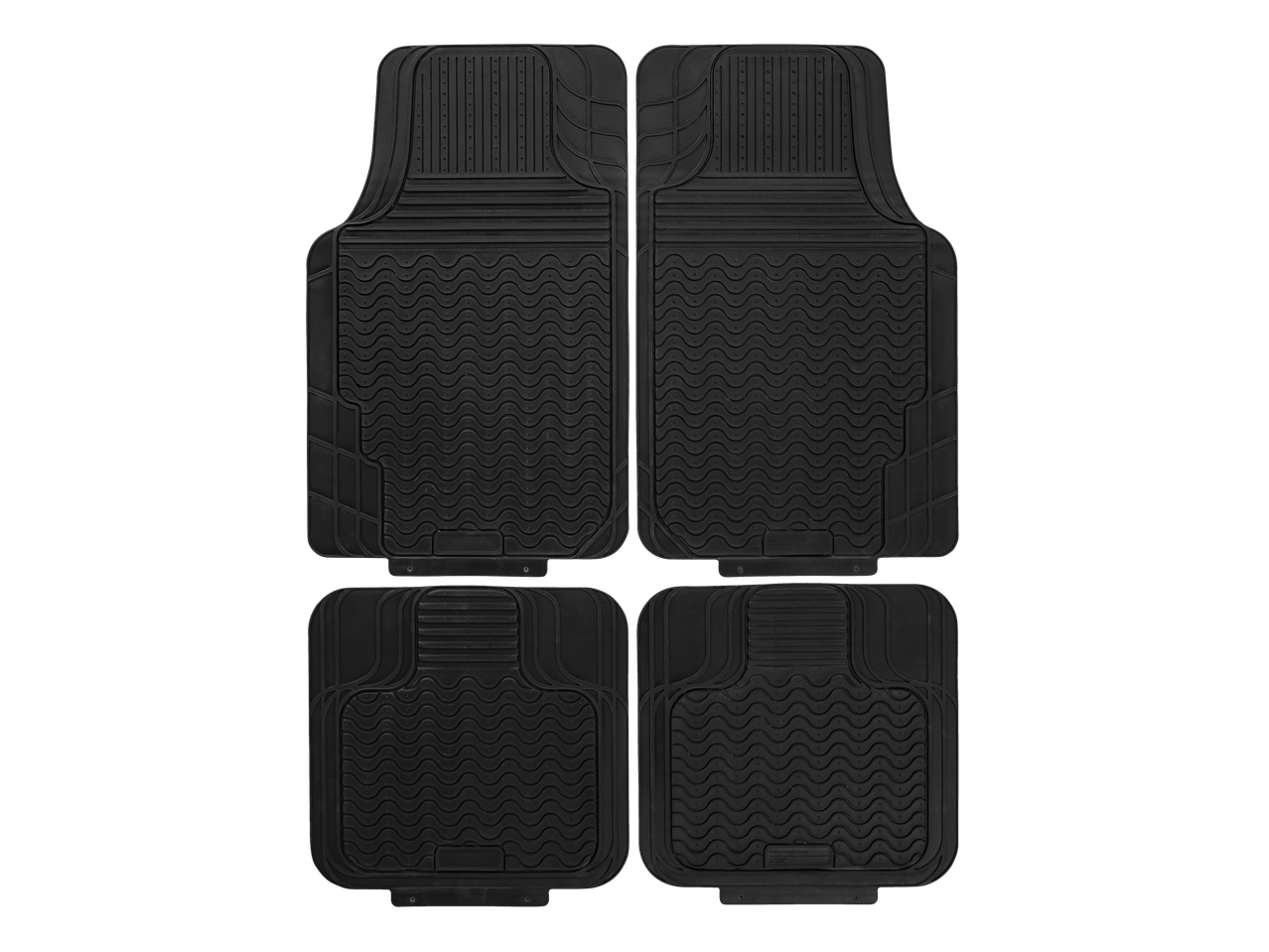 Keturi juodi Ultimate Speed visų orų automobilio kilimėliai su tekstūruotais raštais.