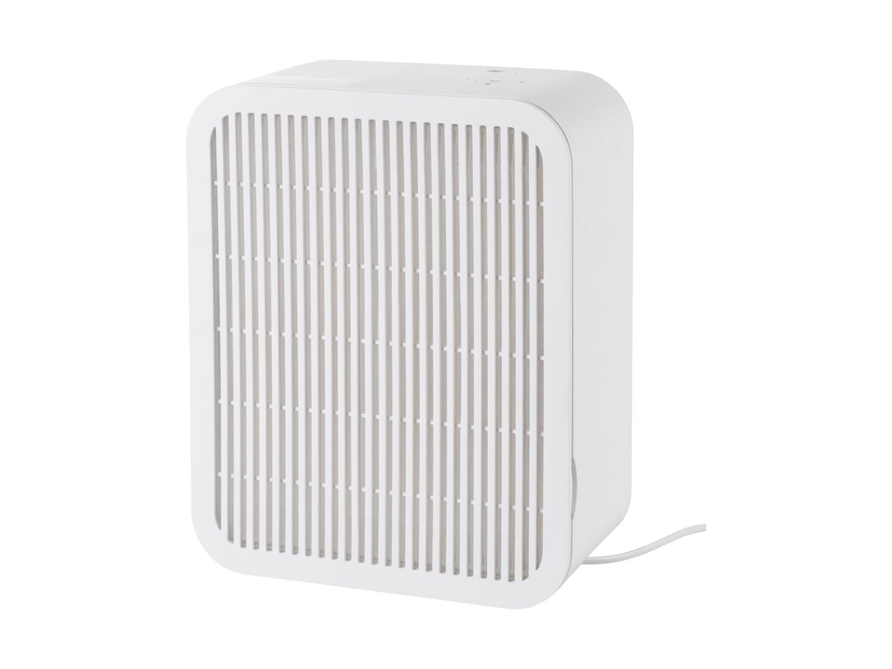A white rectangular air purifier with a slatted front panel and a power cord.