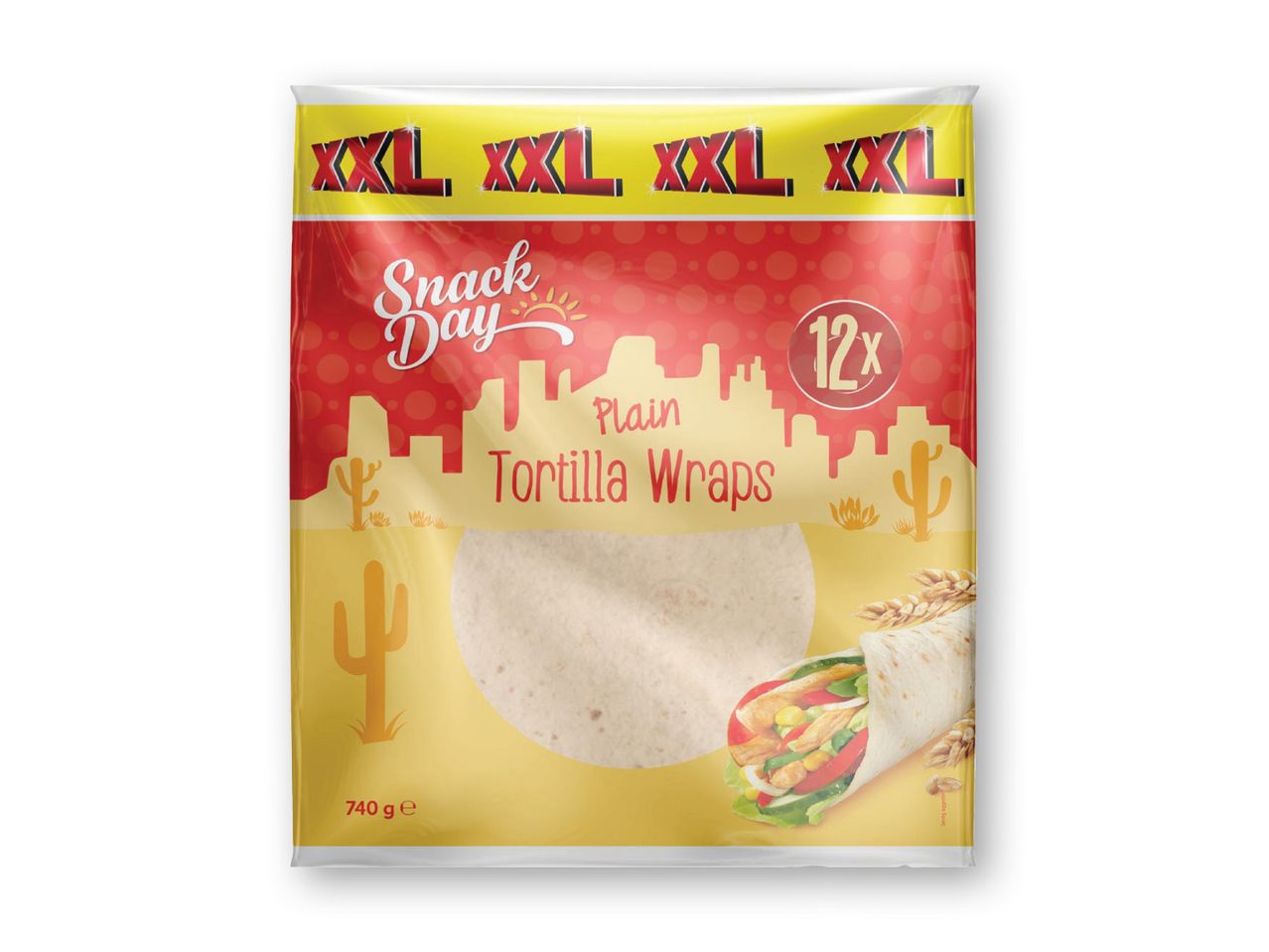 En pakke Snack Day XXL Plain Tortilla Wraps med 12 stk. og en vægt på 740g.