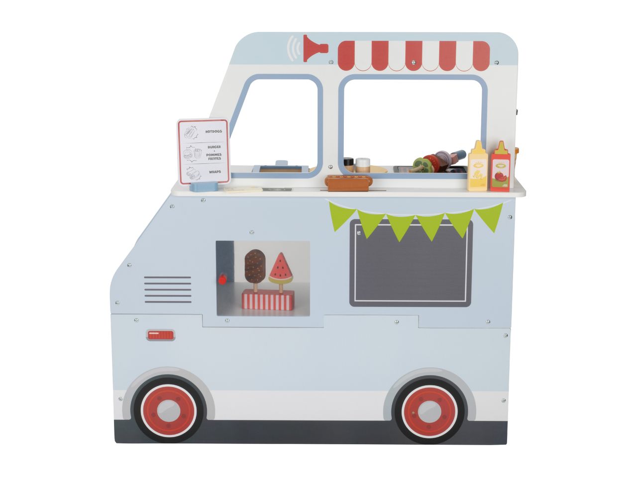 Toy food truck with a menu board, hotdog, skewers, sauces, and ice cream.