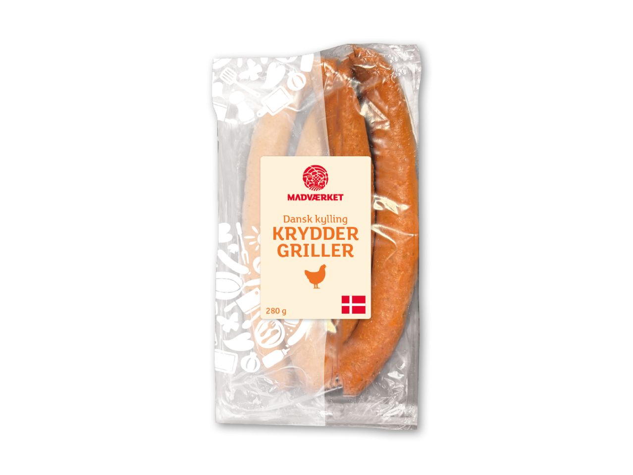Pakkede kryddergrillpølser af dansk kylling, 280 g.