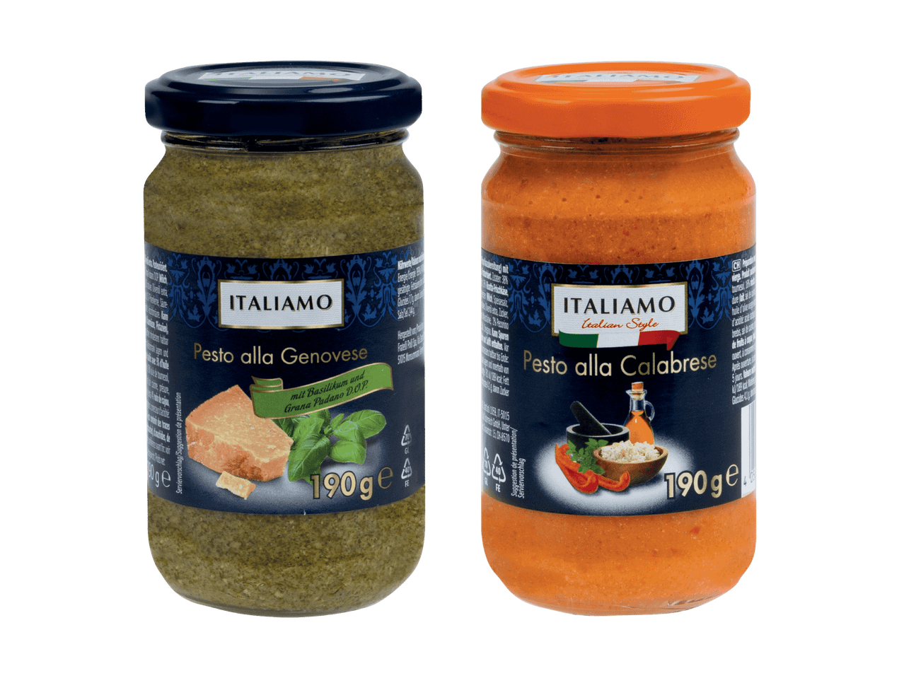 Zwei Gläser Dolmio Pesto: Pesto Genovese und Pesto Calabrese.