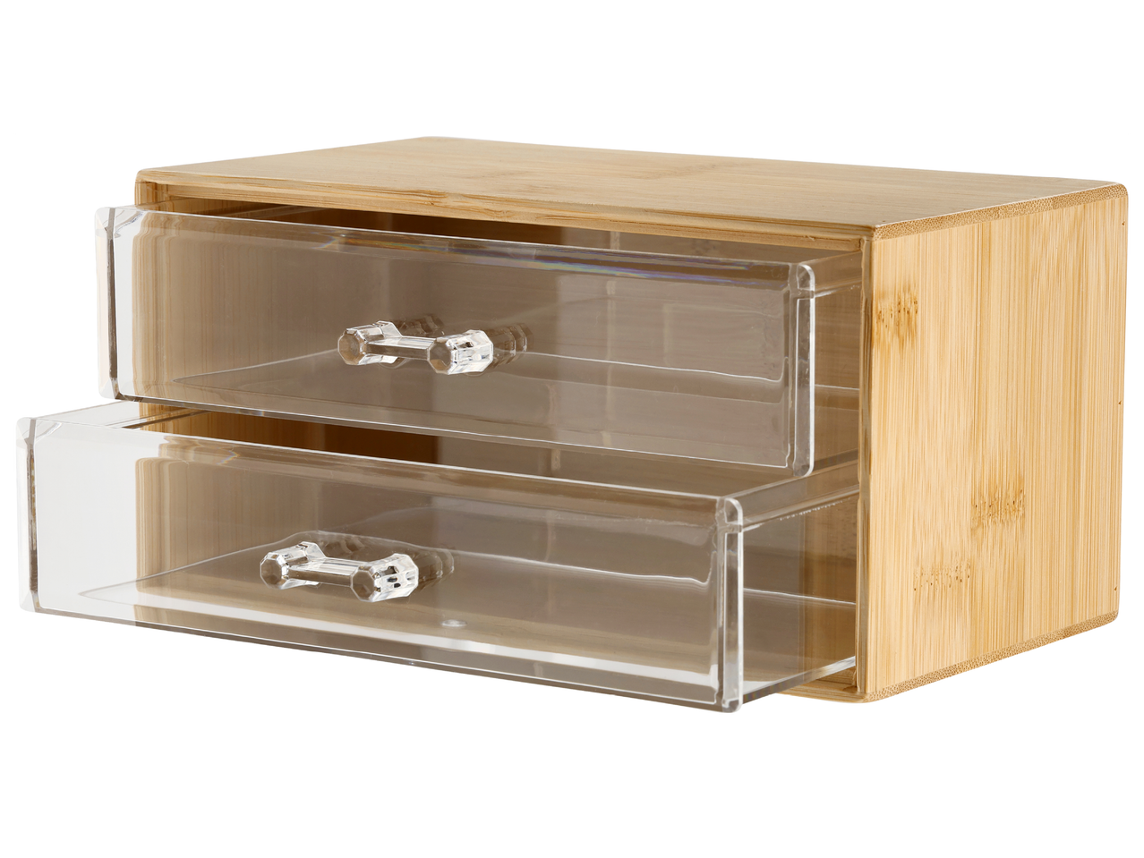 Органайзер за бюро от бамбук с две прозрачни чекмеджета и кристални дръжки.