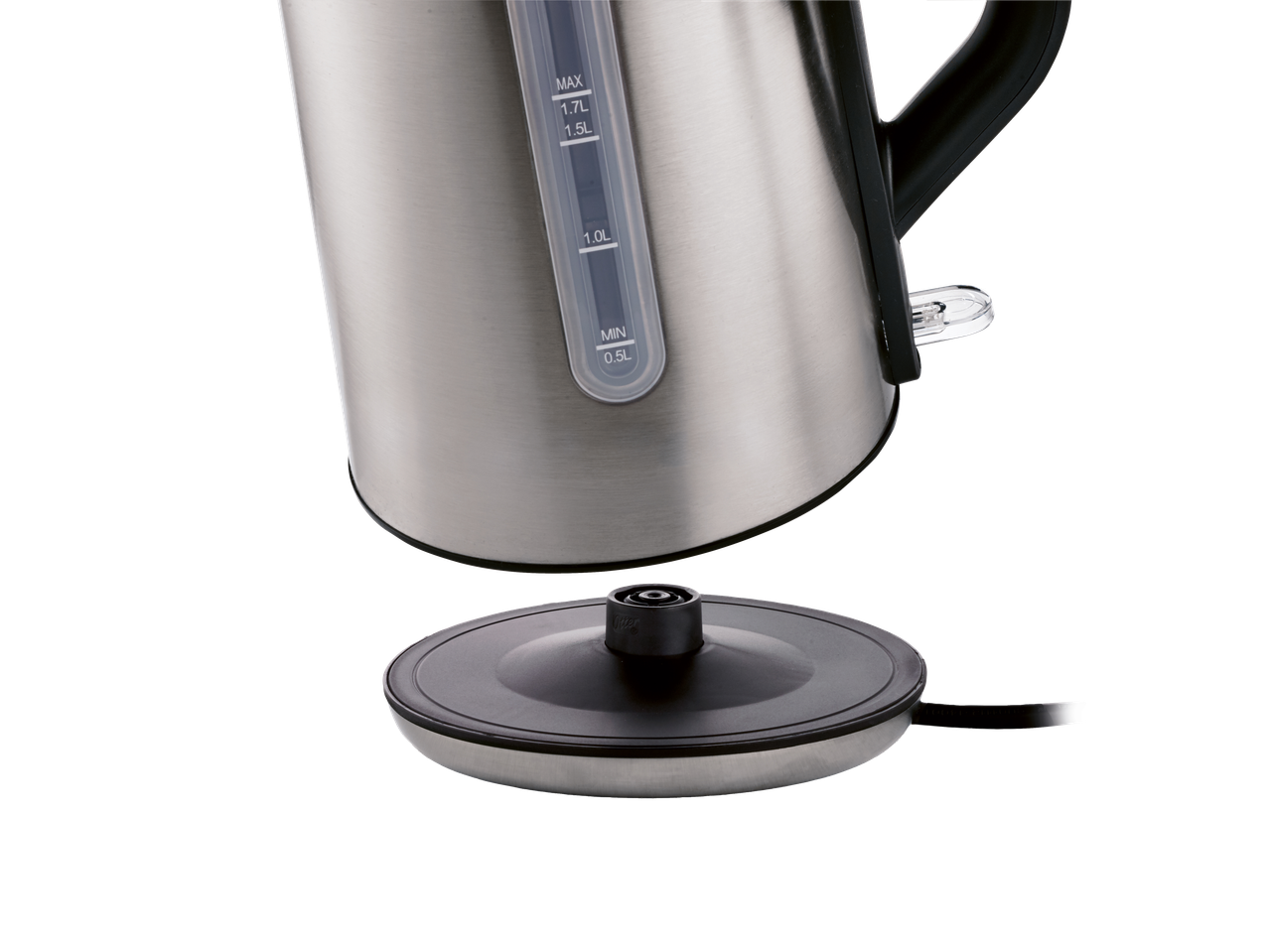 Stainless steel electric kettle with water level indicator and black base.