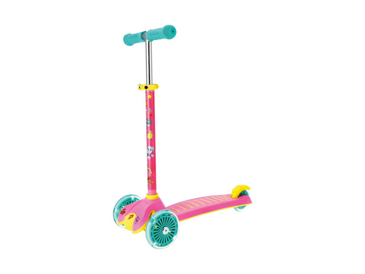 Pink trehjulet løbehjul med tegneseriefigurer og turkise håndtag og hjul.