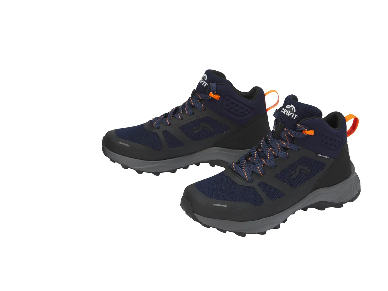 Un paio di scarpe da trekking Crivit blu scuro e nere con lacci arancioni.