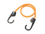 An orange bungee cord with black hooks.