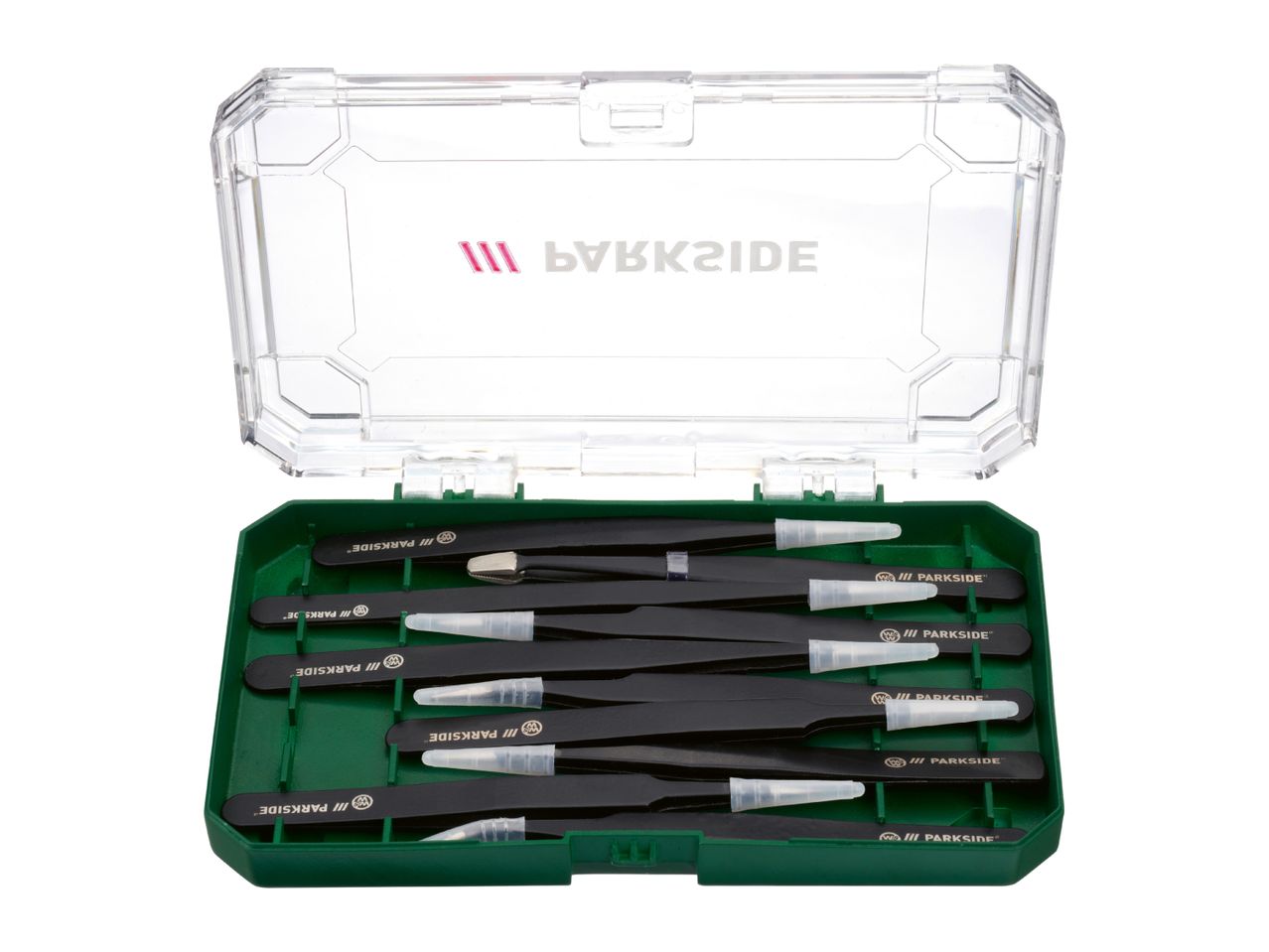 A set of black precision tweezers in a green case with a clear lid.